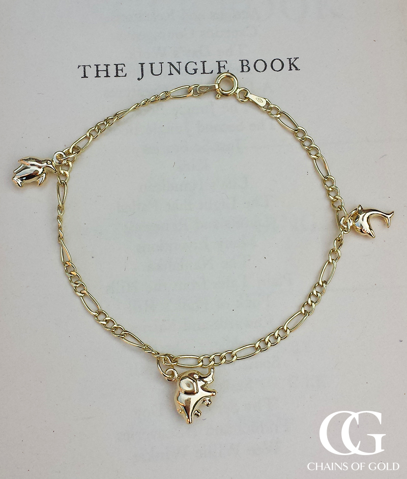 
9ct Yellow Gold Figaro Chain Bracelet with 3 Animal Charms
