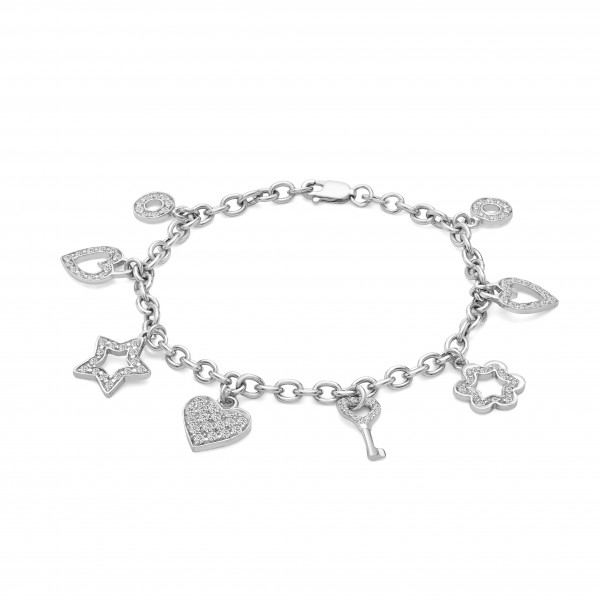 White gold charm bracelet featuring 8 cubic zirconia adorned charms