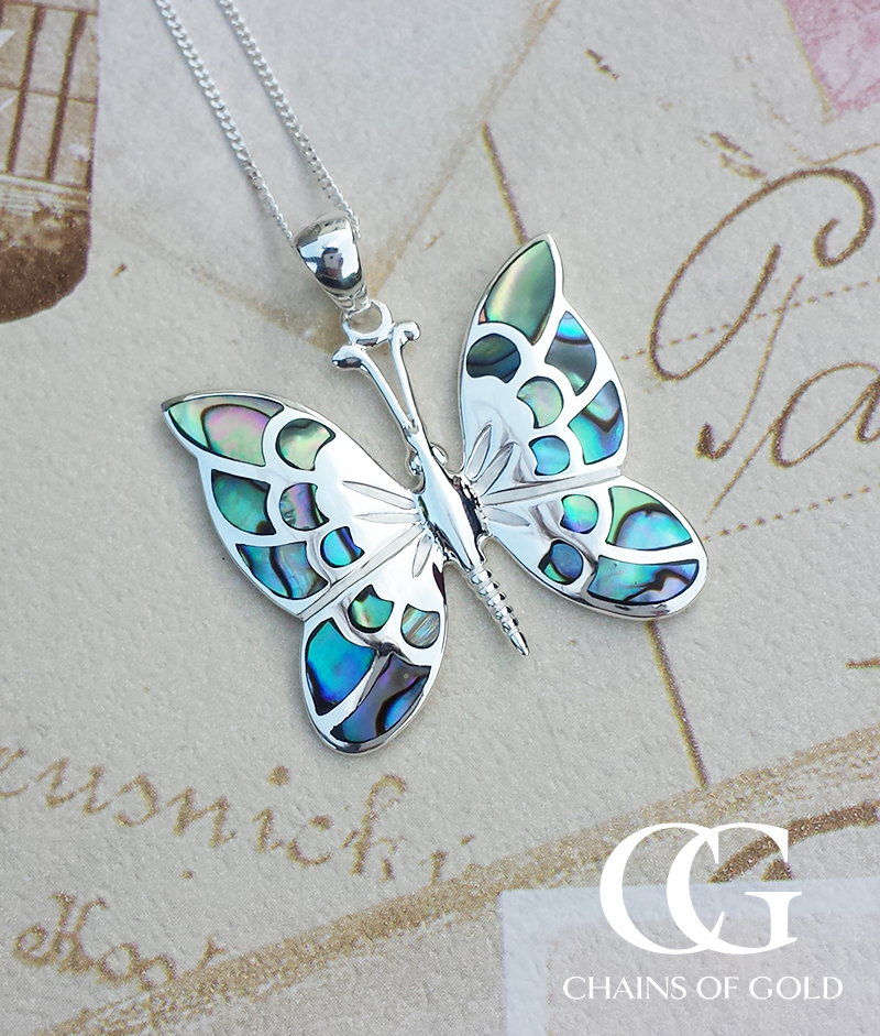 
Large Sterling Silver & Enamel Butterfly Pendant & 18