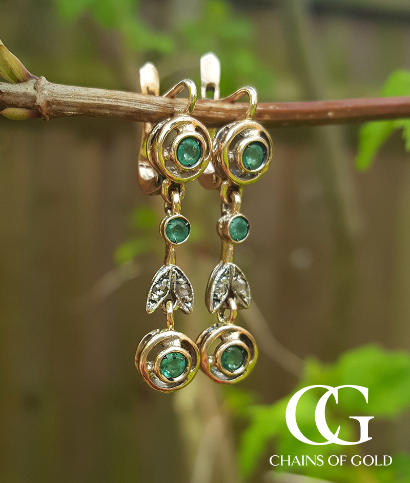 
Deco Style 9ct Rose Gold Emerald & Diamond Drop Earrings
