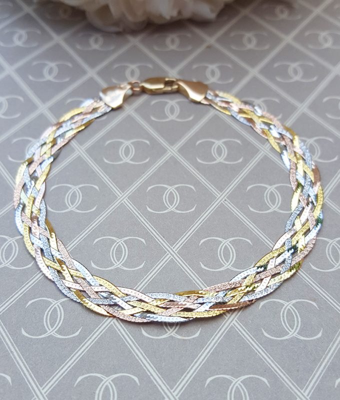 Fine 9ct Three Colour Gold Six Plait Herringbone Bracelet