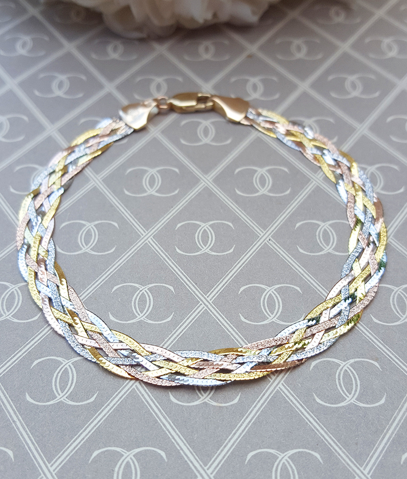 Fine 9ct Three Colour Gold Six Plait Herringbone Bracelet