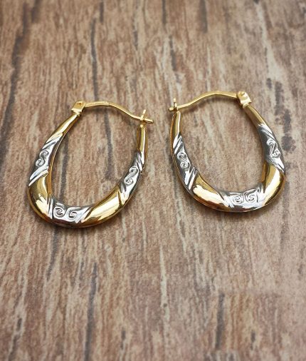 9ct Two Colour Gold Patterned Hoop Earrings
