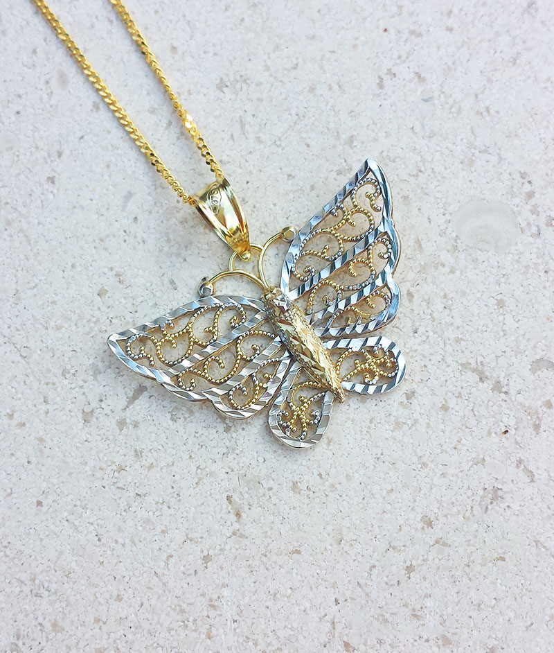 Ladies Two Colour Gold Diamond Cut Butterfly Necklace - Yellow & White