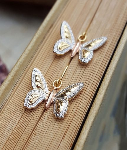 9ct Three Colour Gold Butterfly Drop Earrings