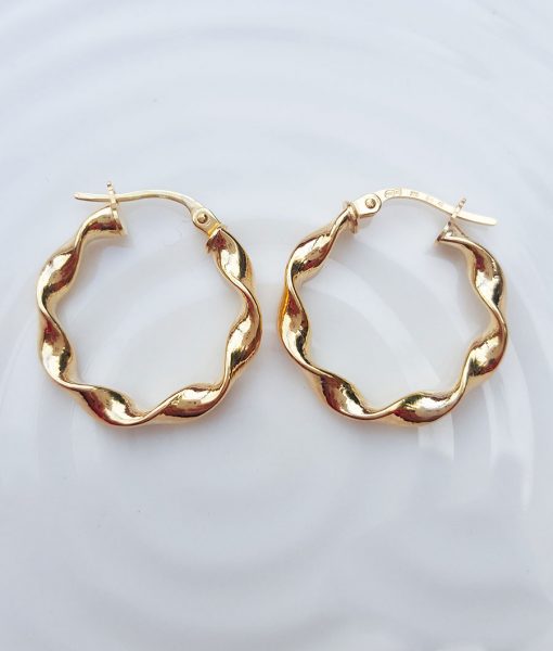 9ct Gold 2.4cm Hoop Earrings with Twist Detail in White & Yellow