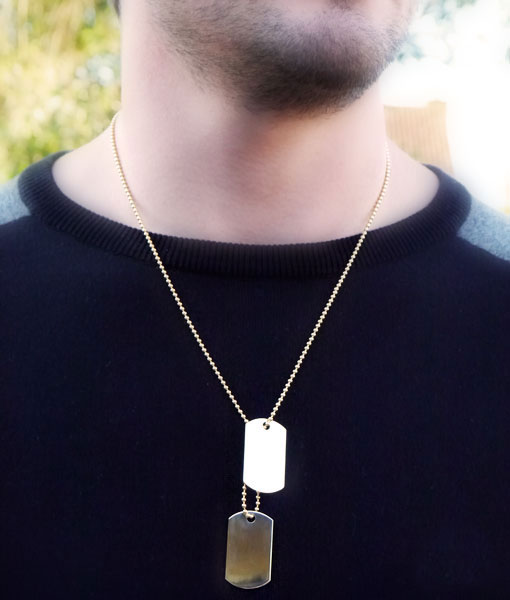 Men's Solid Yellow Gold Military Style Dog Tag Pendant & Chain Necklace