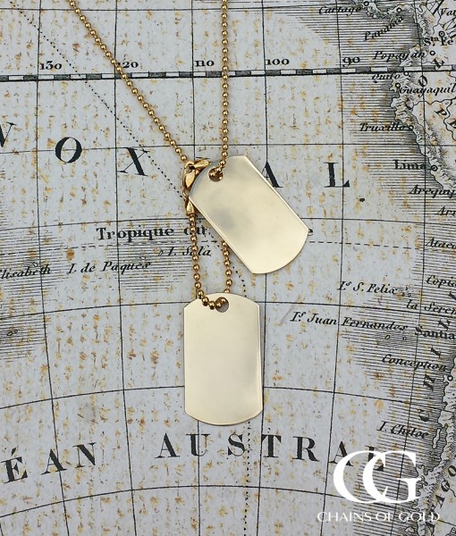 Men's Solid Yellow Gold Military Style Dog Tag & Chain Necklace