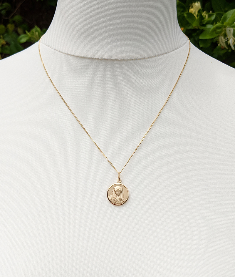 Personalised 9ct Yellow Gold Round Madonna Virgin Mary Necklace