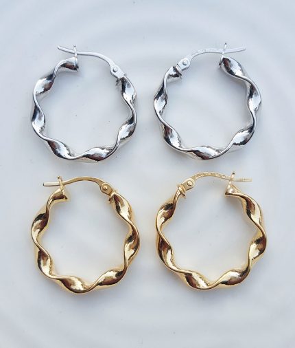 9ct Gold 2.4cm Hoop Earrings with Twist Detail in White & Yellow