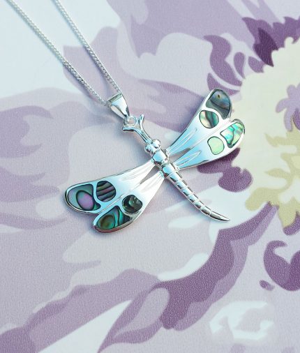 Sterling Silver Pave Shell Dragonfly Pendant on Chain Necklace