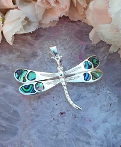 Sterling Silver Paua Shell Dragonfly Pendant on Chain Necklace