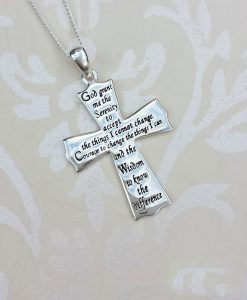 Sterling Silver Serenity Prayer Cross Pendant Necklace