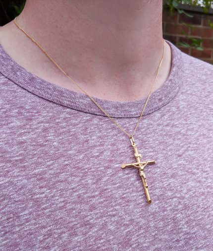 Crucifix Pendant Chain In White And Yellow Solid 9ct Gold - Large Gold Cross Pendant