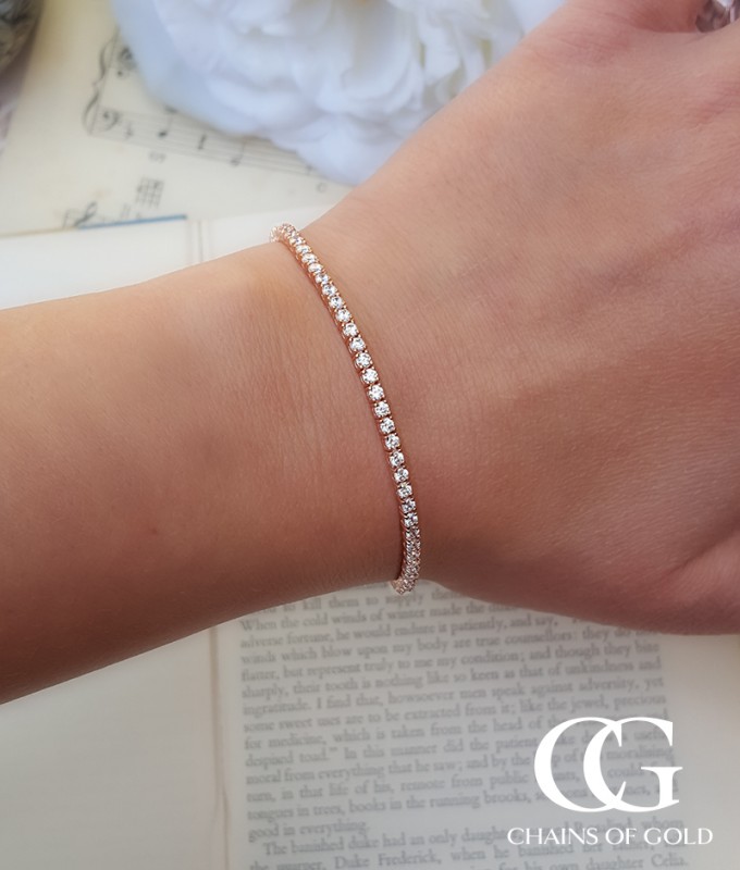 Fine 9ct Rose Gold Round Cubic Zirconia 2mm Tennis Bracelet Chains of