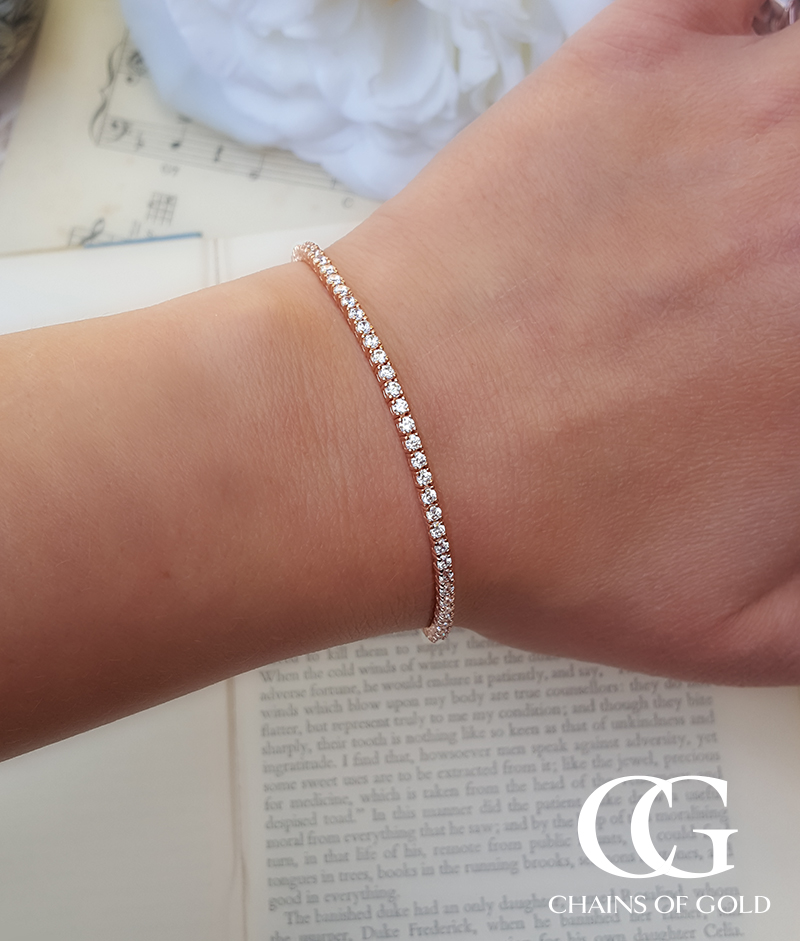 Fine 9ct Rose Gold Round Cubic Zirconia 2mm Tennis Bracelet Chains of