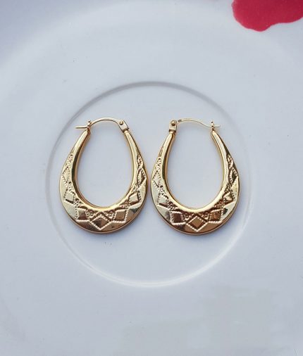 9ct Yellow Gold Oval Hoop Earrings with Pattern Detail