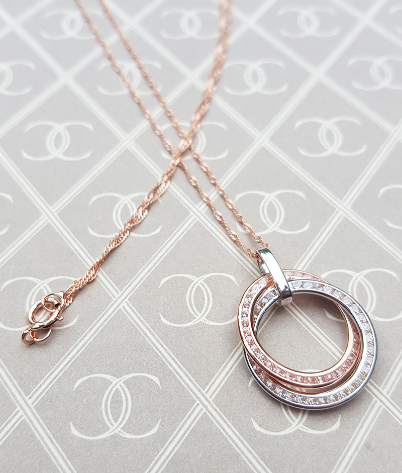 9ct Rose White Gold Circle Necklace with Cubic Zirconia
