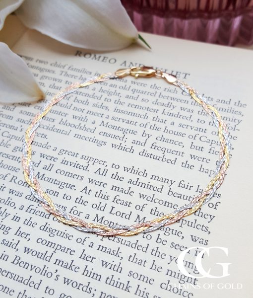 9ct Three Colour Gold Three Plait Herringbone Bracelet 7.5"