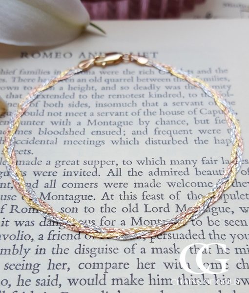 9ct Three Colour Gold Three Plait Herringbone Bracelet 7.5"