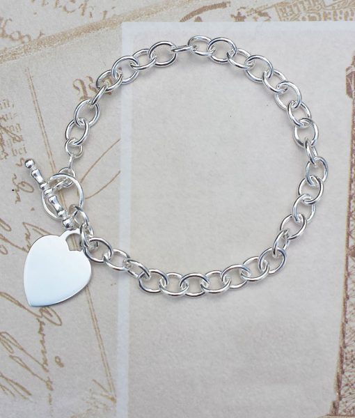 Personalised Sterling Silver Oval Belcher Bracelet with Heart Charm 7.5