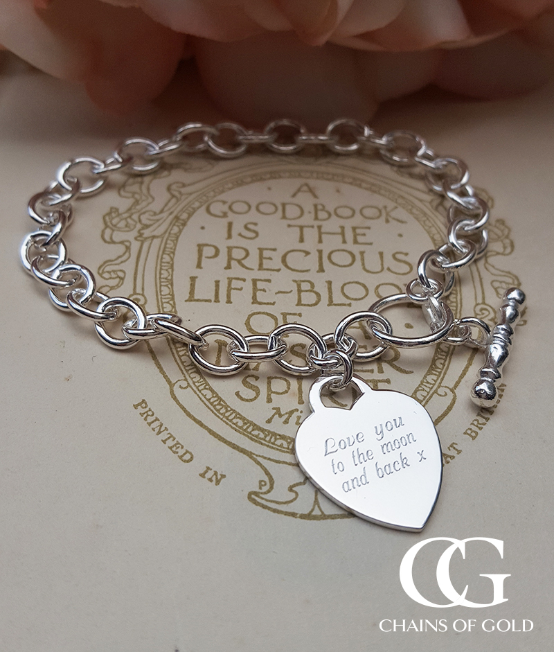 Personalised Sterling Silver Belcher Bracelet with Heart Charm 7.5″