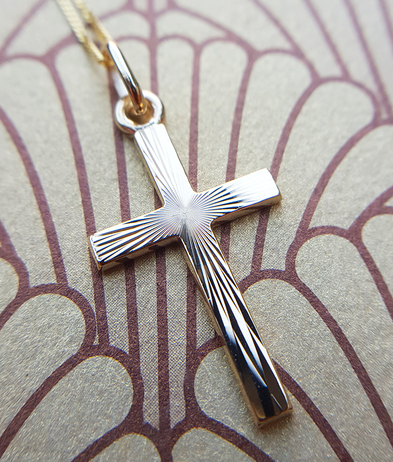 thumbnail image 2 of Handmade 14k Yellow Gold & 925 Sterling Silver Cross Pendant On Leather Men’s Chain 2 of 3