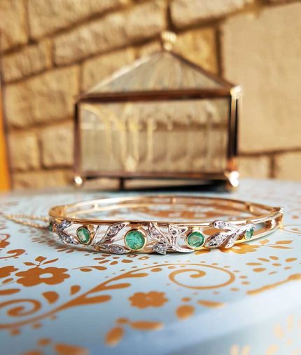 Vintage Style 14ct Yellow Gold Emerald & Diamond Bangle