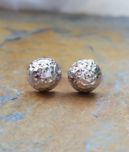 9ct White Gold Diamond Cut Half Ball Stud Earrings