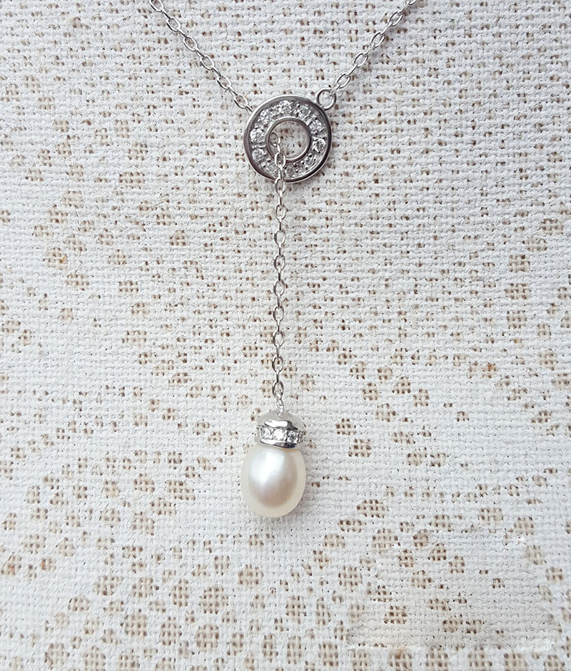 Sterling Silver Lariat Necklace with a Sparkling Pearl slider