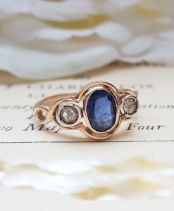 Art Deco Inspired 9ct Rose Gold, Blue Sapphire & Diamond Three Stone Ring