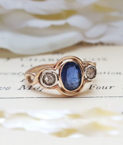 Art Deco Inspired 9ct Rose Gold, Blue Sapphire & Diamond Three Stone Ring