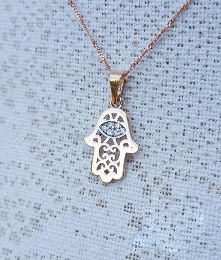 9ct Rose & White Gold Sparkling Hamsa Hand Necklace