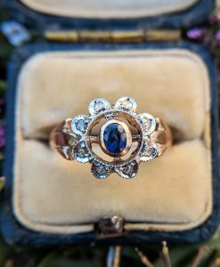 Victorian Inspired 9ct Rose Gold Sapphire & Diamonds Flower Ring