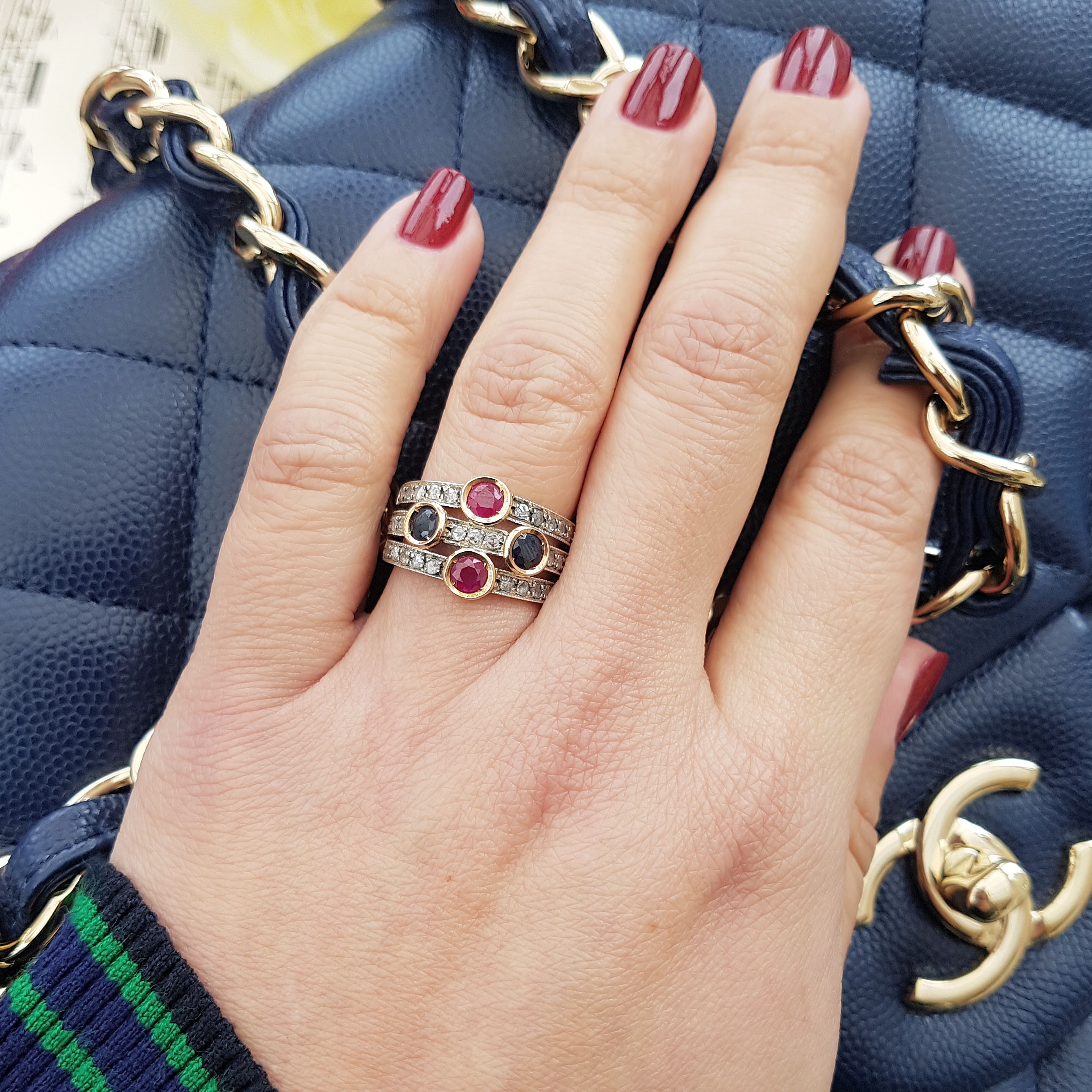 Vintage Trinity Ring with Ruby Sapphire and Diamonds| Chains of Gold