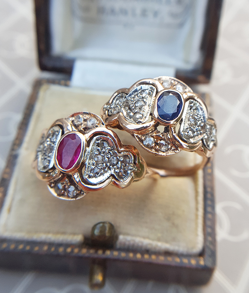 Deco Dress Ring with Diamond Foliate Shoulders Ruby or Sapphire