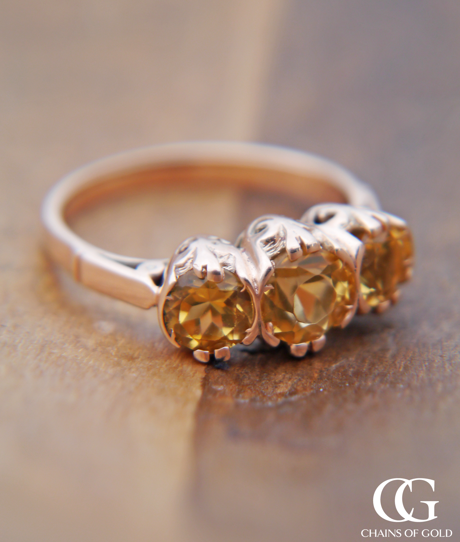 Victorian Inspired Ring with 3 Yellow Topaz Stones in 9ct ...
