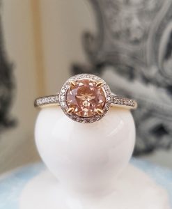 Morganite and diamond halo ring in a 9ct yellow gold setting