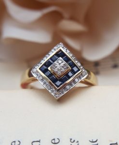 Art Deco Inspired 9ct Yellow Gold, Diamond & Sapphire Ring