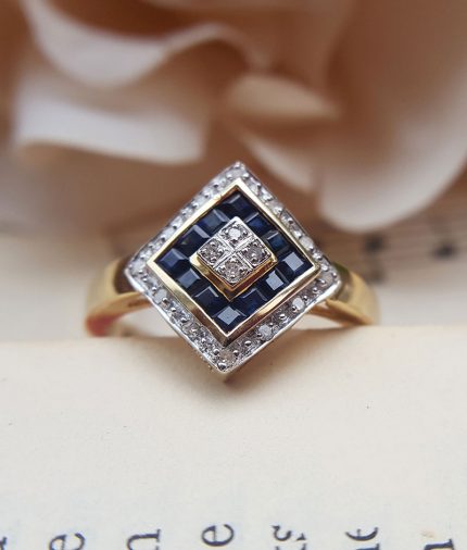 Art Deco Inspired 9ct Yellow Gold, Diamond & Sapphire Ring
