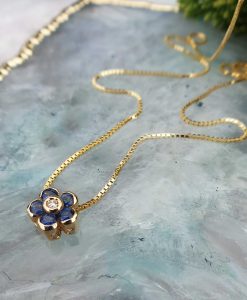 14ct Yellow Gold Flower Slider Necklace with Sapphire & Diamond