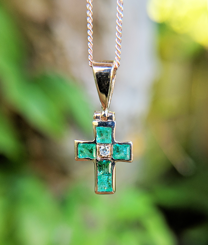 Dainty Delicate 9ct Rose Gold Emerald Diamond Cross Necklace - Vintage Emerald Cross Pendant Dainty Delicate 9ct Rose Gold Emerald Diamond Cross Necklace - Vintage Emerald Cross Pendant