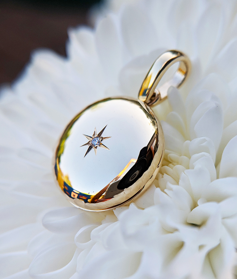 Small Solid 9ct Yellow Gold Diamond Set Round Locket | Hand Made in Britain