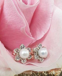 Pearl & Diamonds Delicate Flower Drop Earrings in 9ct Rose Gold. Vintage Style Inspired.