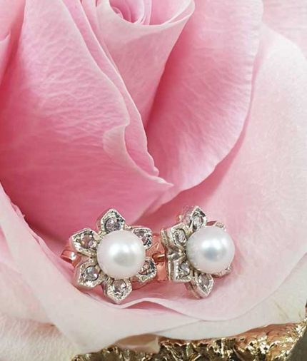 Pearl & Diamonds Delicate Flower Drop Earrings in 9ct Rose Gold. Vintage Style Inspired.