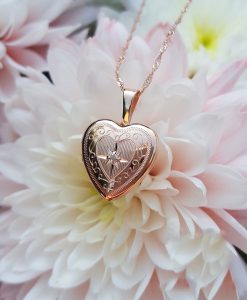 Petite 9ct Rose Gold Engraved Heart Locket Necklace with a set Diamond