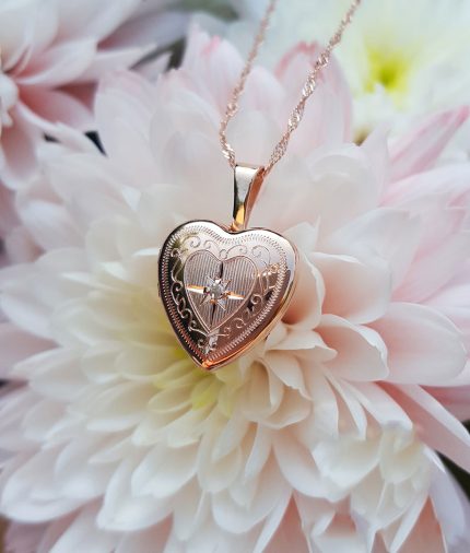 Petite 9ct Rose Gold Engraved Heart Locket Necklace with a set Diamond