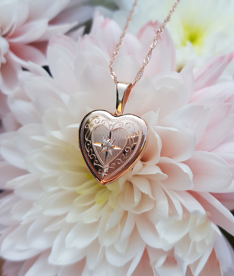 Petite 9ct Rose Gold Engraved Heart Locket Necklace with a set Diamond