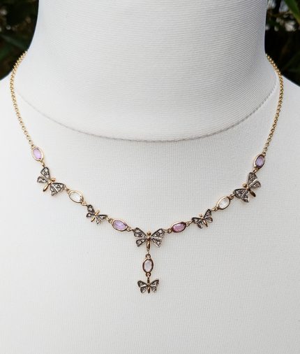 Antique Style 14ct Yellow Gold Sapphire & Diamond Lavalier Necklace