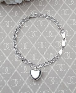 Sterling Silver Bracelet with Puffed Heart Charm 7.5"